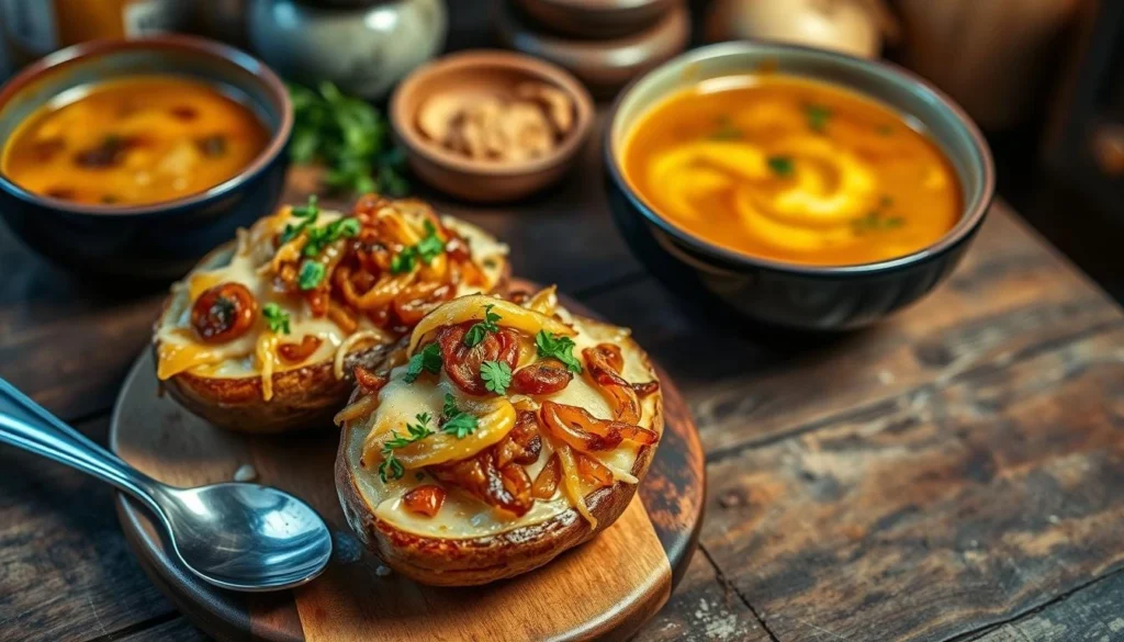 A rustic wooden table featuring French Onion Baked Potatoes topped with caramelized onions, melted cheese, and fresh thyme, with a bowl of French onion soup and warm kitchen lighting in the background.