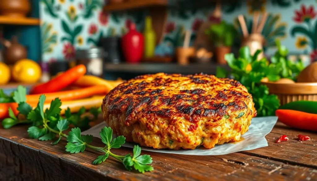 A freshly baked golden Jamaican beef patty with a flaky crust, resting on a wooden plate, surrounded by vibrant herbs and spices.