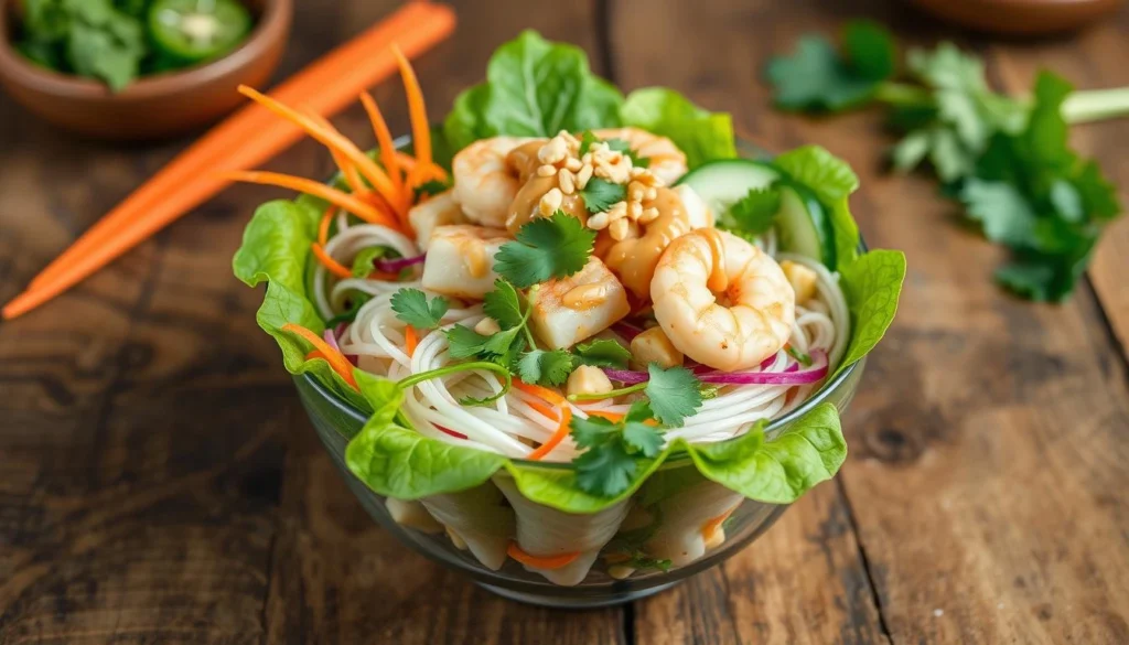A vibrant assortment of spring roll bowl ingredients including fresh julienned carrots, sliced cucumbers, red bell peppers, mint, cilantro, rice noodles, and shrimp, arranged on a wooden surface.