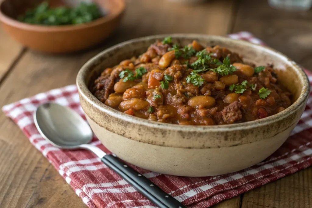 Hearty baked beans with ground beef garnished with parsley