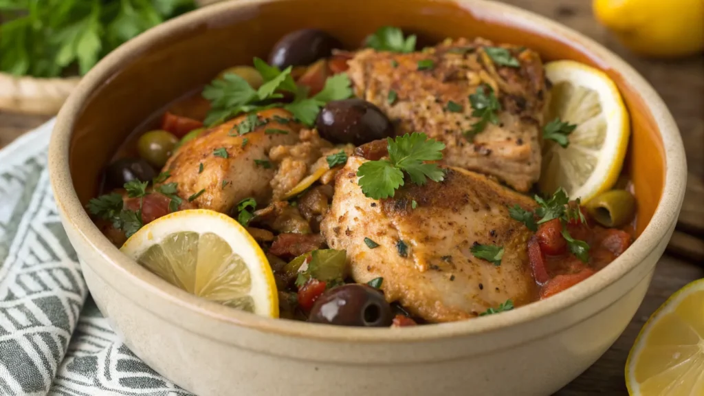 Slow Cooker Mediterranean Chicken served with olives and parsley