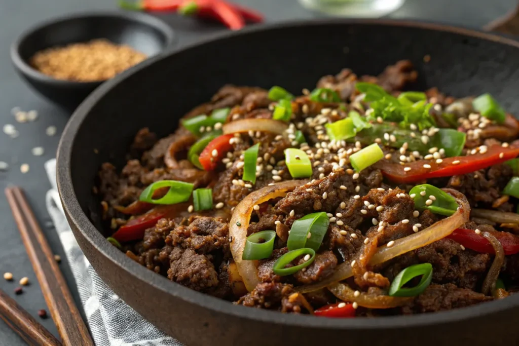 Ground beef bulgogi in a skillet
