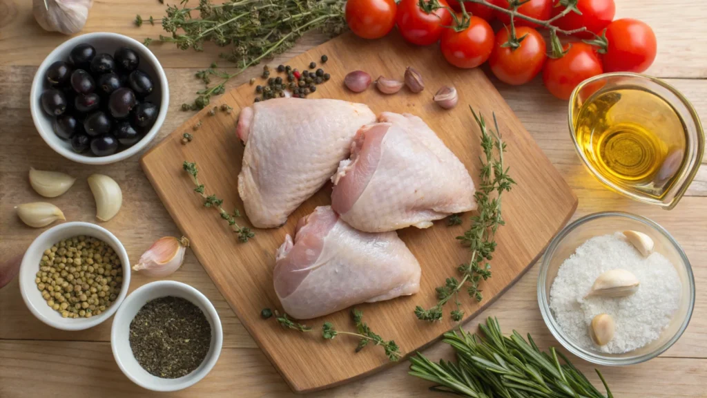 Mediterranean chicken ingredients with garlic, tomatoes, and olives