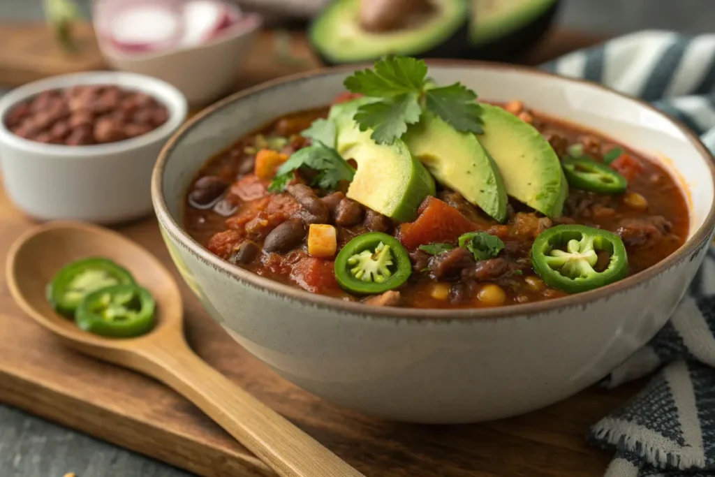 Vegetarian chili with lentils, beans, and fresh cilantro garnish