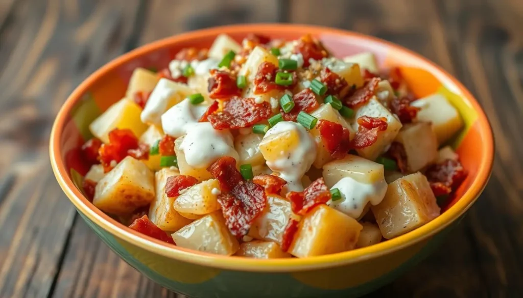 A vibrant bowl of loaded baked potato salad featuring creamy dressing, chunks of baked potatoes, crispy bacon, shredded cheese, and fresh chives.