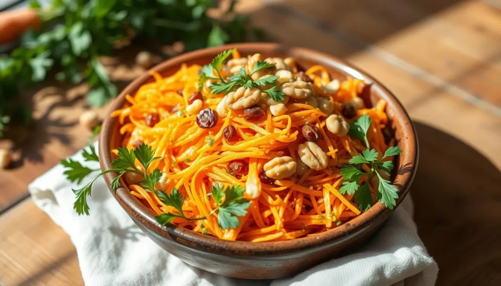 A vibrant bowl of carrot raisin salad with shredded carrots, plump raisins, and a creamy dressing garnished with fresh parsley.