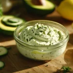 Whipped avocado cream cheese spread in a glass bowl