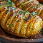 Garlic butter Hasselback potatoes with crispy edges and fresh parsley.