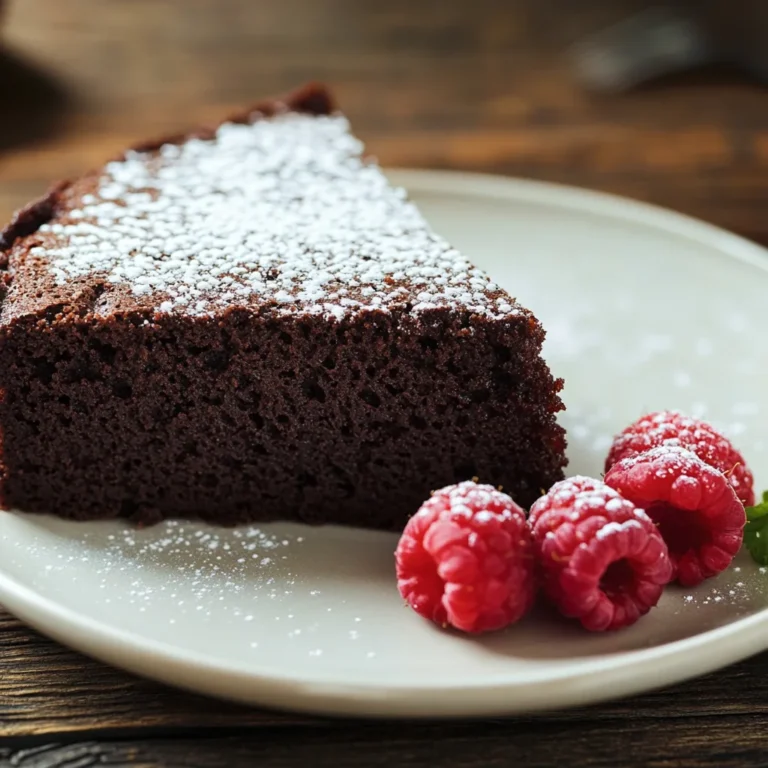 Flourless chocolate cake for Passover with powdered sugar and berries