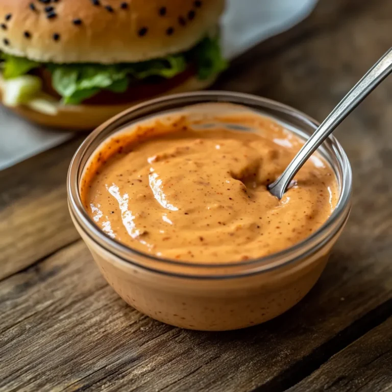 Homemade smash burger sauce in a glass bowl with a spoon.